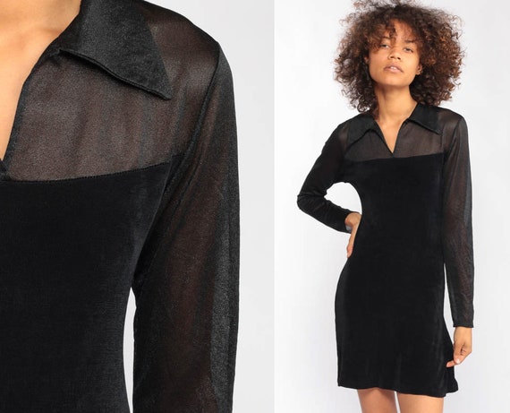 Black Mini Dress 90s Party lbd Party SHEER SLEEVE Vintage Cocktail Long Sleeve 1990s Gothic Extra Small xs s