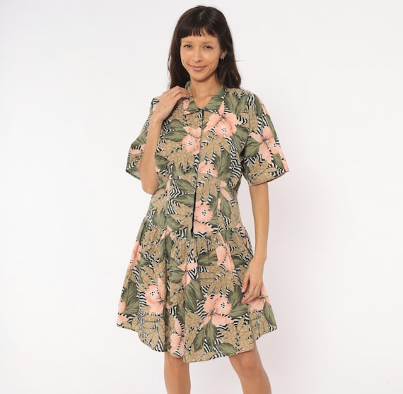 Tropical Hibiscus Shirt Dress 90s Floral Button Front Snap Closure Drop Waist Short Sleeve Olive Pink Zebra Leaf Pattern Blend Large L