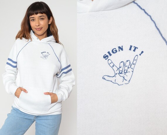 Sign Language Hoodie 80s White Blue Varsity Striped ASL Deaf Culture Hand Graphic Sweatshirt Vintage Retro Sportswear Jerzees Large L