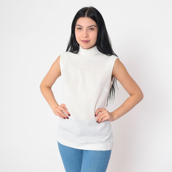 White Tank Top 70s Mock Neck Top Sleeveless Shirt Retro Basic Plain Blouse Mockneck Simple T-Shirt Chic Semi-Sheer Mod Vintage 1970s Small S