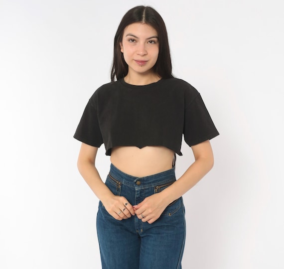 90s Black Crop Top Cut Off Raw Hem Cotton Tee Boxy Relaxed Fit Grunge Minimalist Plain Vintage Lee Cropped Shirt Summer Basics Small S