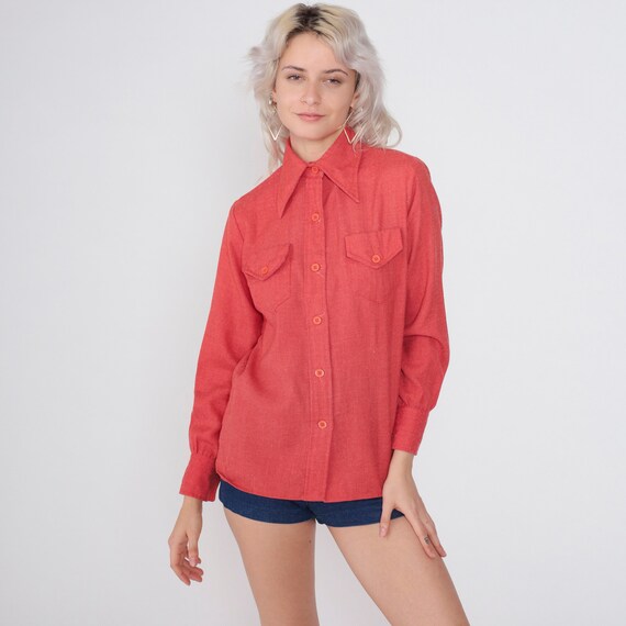 70s Red Shirt Button Up Blouse Dagger Collar Top Long Sleeve Collared Utility Chest Pocket Retro Disco Plain Vintage 1970s Medium M
