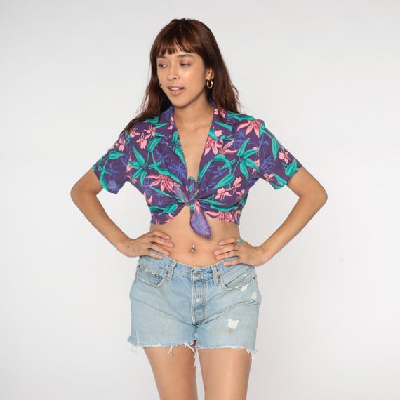 Tropical Floral Crop Top 90s Hawaiian Shirt Purple Blue Green Pink Tie Front Short Sleeve Vacation Resort Beach Palm Print Vintage Small S