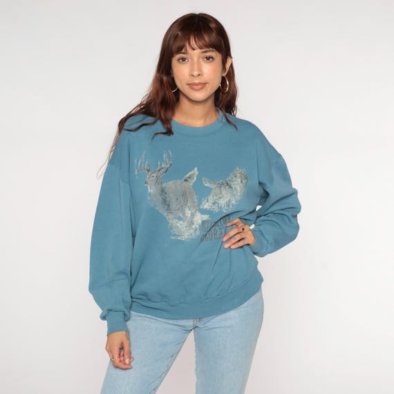 90s Silverton Colorado Sweatshirt Vintage Wolf Deer Graphic Shirt Blue Pullover Crewneck 1990s Retro Jerzees Extra Large xl