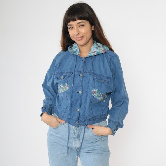 Vintage 90s Blue Hooded Jacket Lightweight Cotton Button Up Front Floral Trim Drawstring Waist 1990s Utility Windbreaker Small S