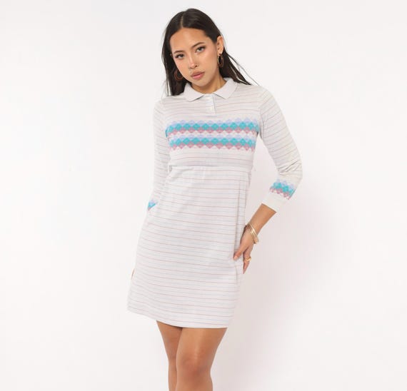 80s Argyle Polo Dress Grey Striped Knit Collared Long Sleeve Mini Cotton Teal Lavender Pink Diamond Pattern Preppy Vintage Extra Small XS