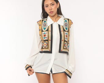Baroque Scarf Print Blouse 90s Medallion Shirt White Gold Teal Button Front Long Sleeve Arabesque Mosaic Pattern Top Black Vintage Large L