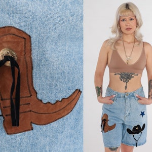 Cowboy Jean Shorts 90s High Waisted Denim Mom Shorts Western Star Hat Boot Patch Studded Concho Rodeo Mid Length Vintage 1990s Medium 30 image 1