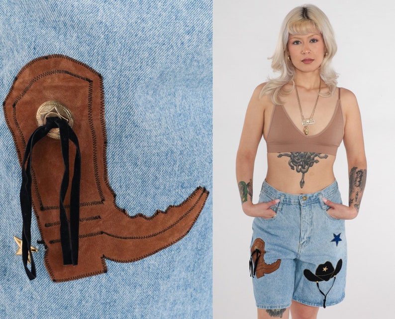 Cowboy Jean Shorts 90s High Waisted Denim Mom Shorts Western Star Hat Boot Patch Studded Concho Rodeo Mid Length Vintage 1990s Medium 30 image 1