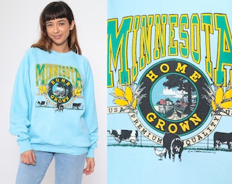 Vintage Minnesota Sweatshirt 80s Home Grown Farm Animal Graphic Sweatshirt Pig Cow Chicken Blue Pullover Crewneck Retro Raglan 1990s Large