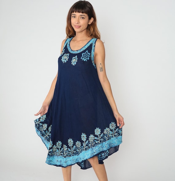 Blue Summer Dress Y2K Embroidered Floral Tank Sleeveless Asymmetrical Hem Border Geometric Turquoise Festival Summer Vintage One Size OS