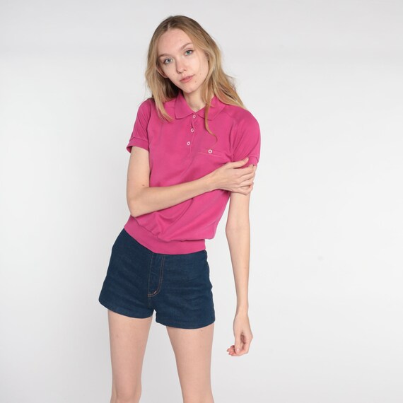 Hot Pink Polo Shirt 80s Cropped Shirt Short Sleev… - image 3