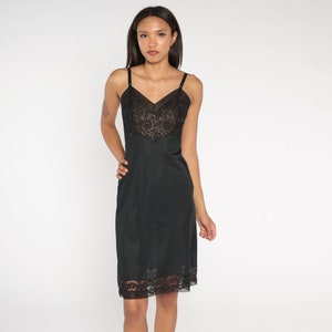 Black Slip Dress 70s Lace Trim Lingerie Nightgown Mini Full Slip Gothic Adjustable Spaghetti Strap Boho Retro Vintage 1970s Extra Small xs