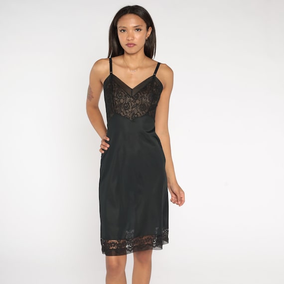Black Slip Dress 70s Lace Trim Lingerie Nightgown Mini Full Slip Gothic Adjustable Spaghetti Strap Boho Retro Vintage 1970s Extra Small xs