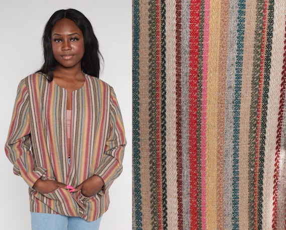 Striped Blazer 90s Wool Blend Open Front Jacket Retro Preppy Formal Professional Multicolor Red Blue Green Vintage 1990s Large xl