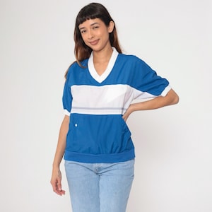 Slouchy Ringer Tee Shirt 80s T Shirt V Neck Tshirt Pierre Cardin White Blue Color Block Shirt 1980s Retro Tee Short Sleeve Vintage Small S