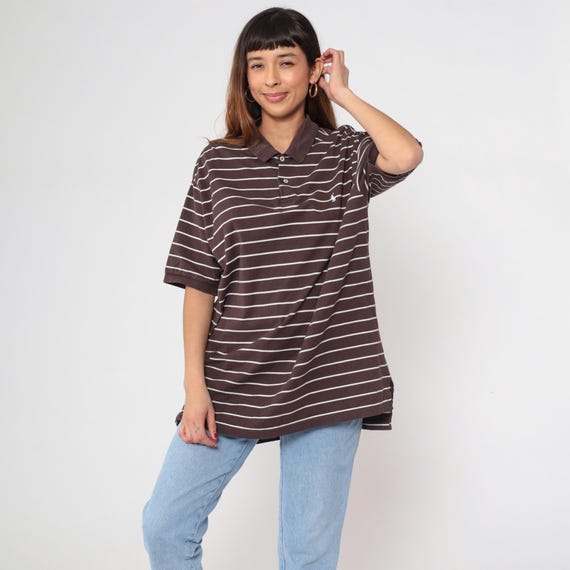 Striped Polo Shirt Ralph Lauren Brown White 90s Cotton Short Sleeve Button Front Collar Preppy Casual Vintage Classic Top Extra Large XL