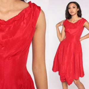 60s Party Dress Red Cap Sleeve Prom Dress Bow Back Mini Fitted High Waist Full Skirt Handkerchief Hem 1960s Formal Holiday Vintage Small S