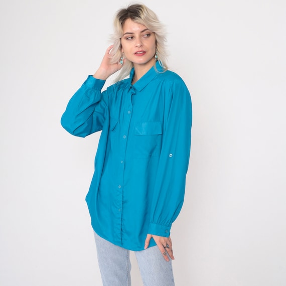Turquoise Blue Blouse 80s 90s Button Up Top Silky Gathered Shoulder Collared Shirt Plain Long Roll Tab Sleeve Pocket Vintage 1990s Large 14