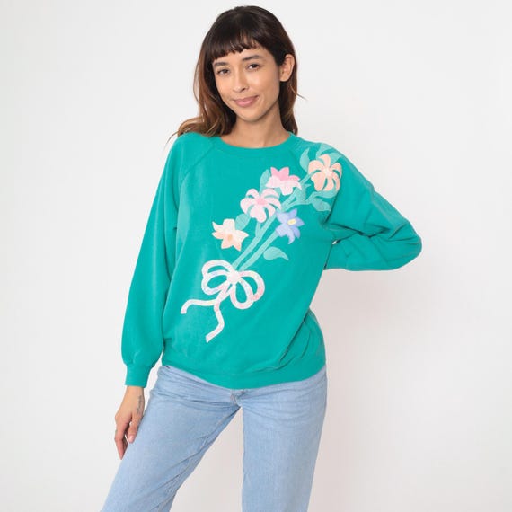 Floral Sweatshirt 90s Turquoise Creative Friends Applique Pastel Flowers Cottage Core Grandma Oversized Vintage Spring Large L