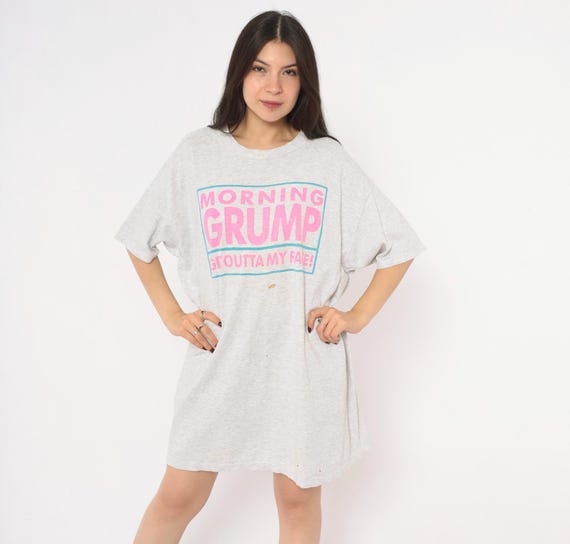 90s Slogan T Shirt Dress Grey Heather Cotton Pink Novelty Print Short Sleeve Boxy Sleep Shirt Nightshirt Grunge Vintage Small Medium Large