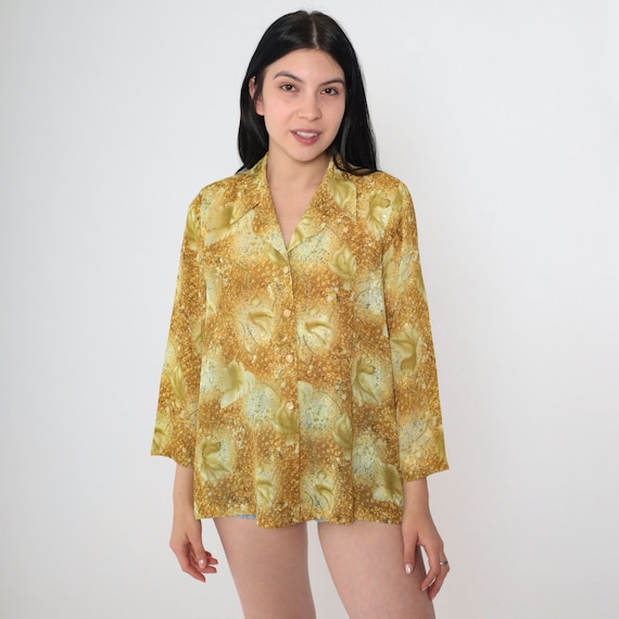 Embossed Floral Blouse 90s Long Sleeve Shirt Button Up Top Green Yellow Flower Print Bohemian Vintage Pointed Collar Medium