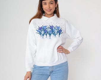 Sudadera con cuello floral, estilo años 90, color blanco, con estampado de flores retro, estilo abuela, holgada, gráfica, vintage, años 90, talla grande, mediana, M