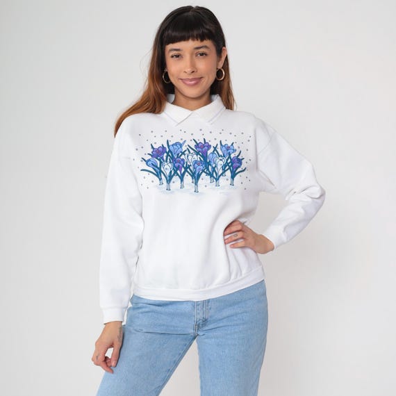 Floral Collared Sweatshirt 90s White Puff Paint Grandma Sweatshirt Retro Flower Print  Slouchy Graphic Vintage 1990s Oversized Medium M