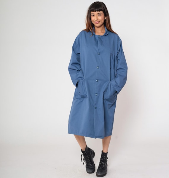 Blue Lab Coat 80s Work Uniform Pockets Long Sleeve Collar Medical Nurse Doctor Jacket Loose Fit Vintage Professional Style Utility Large L