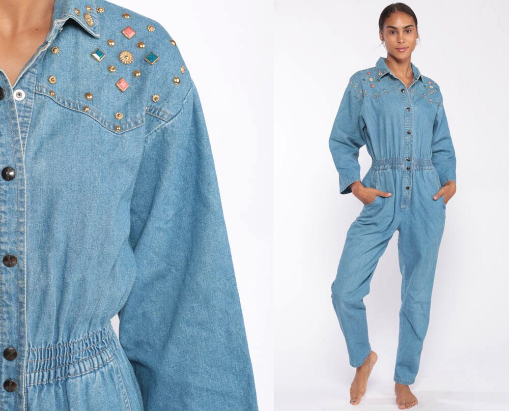 Beaded Denim Jumpsuit 80s IDEAS Tapered 