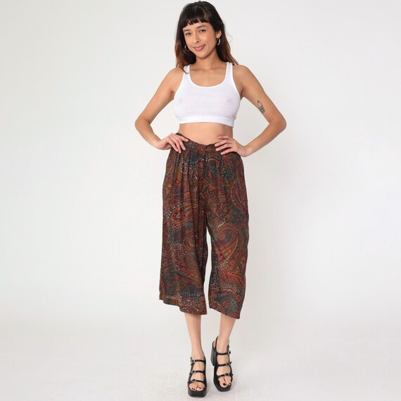 Vintage Cropped Paisley Pants 90s Baggy Culotte Capri Pants Pleated High Waist Orange Brown Casual Trousers Rayon Boho Hippie Medium