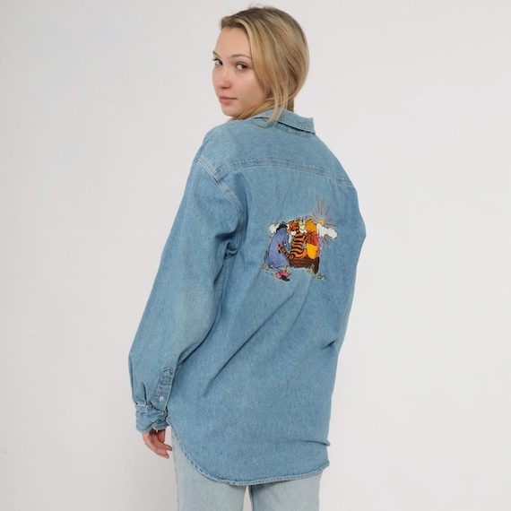 Winnie Pooh Shirt 90s Disney Denim Shirt Embroidered Light Blue Button Up Long Sleeve Cotton Character Cartoon Novelty Sunset Scene Medium M