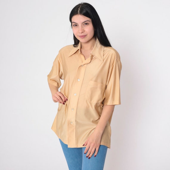 Tan Shirt 70s Button Up Collared Top Retro Hippie Disco Shirt Plain Short Sleeve Basic Preppy Pointed Collar Vintage 1970s Mens Large 16 1/2