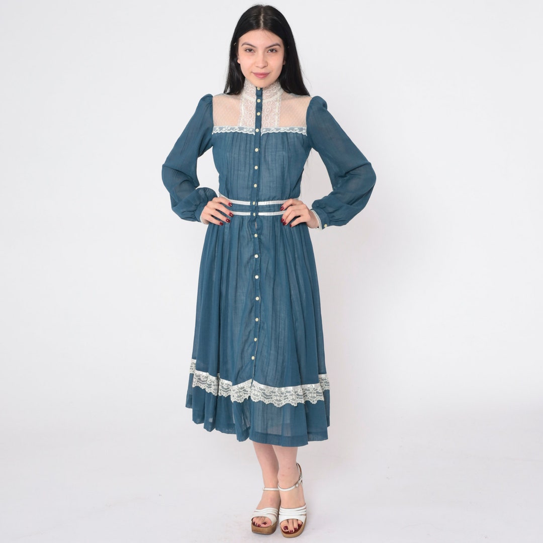 70s Gunne Sax Dress Xs Vintage Prairie Dress Blue White Lace Bib Midi ...