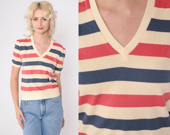 80s Puff Sleeve Top Striped Shirt Slouchy Top Retro T Shirt 80s Blouse V Neck Tshirt Muted Coral Red Blue Yellow Shirt Vintage 1980s Small