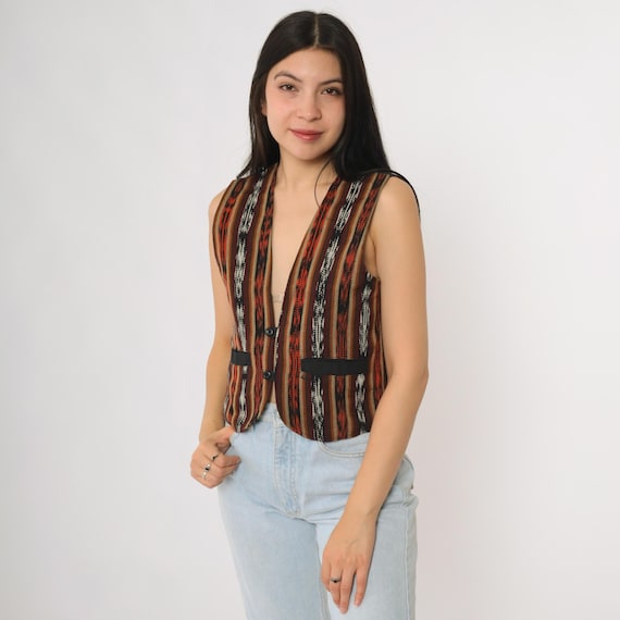90s Southwestern Vest Vintage Cotton Striped Pattern Cowboy Western Style Sleeveless Button Front Geometric Tapestry Small S