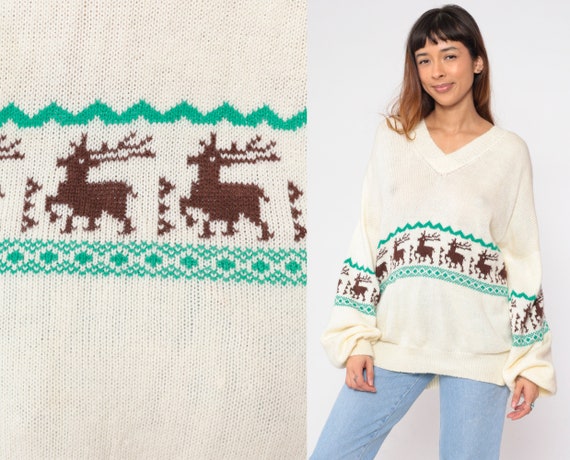 Elk Print Sweater 70s Cream Knit V Neck Sweater Retro Pullover Striped Deer Moose Animal Novelty V-Neck Jumper Acrylic Vintage 1970s Large L