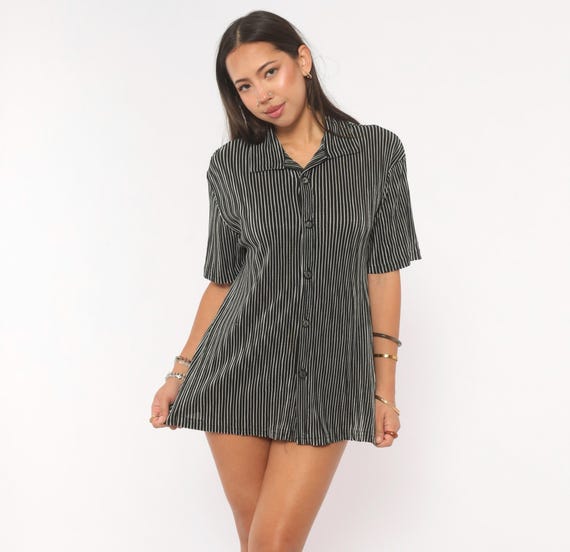 Y2K Black Pinstripe Button Up Camp Collar Shirt White Stripe Short Sleeve Bowling Blouse Boxy Fit Soft Goth Unisex Vintage Top Small S