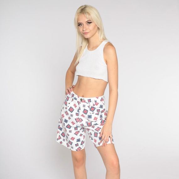 Patchwork Heart Shorts 90s High Waisted Trouser Shorts White Cotton Wide Leg Summer Shorts Cute Girly Novelty Print Vintage 1990s Medium 30