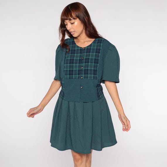 Plaid Mini Dress 90s Forest Green Navy Tartan Short Sleeve Tie Back Pleated Skirt Lady Dorby Vintage Preppy Plus Size 22W 3XL Extra Large