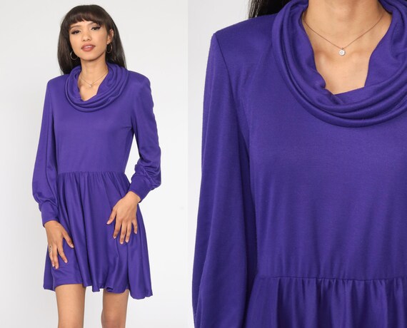 Cowl Neck Dress 80s Mini Purple Secretary Long Sleeve 1980s Long Bohemian High Waisted Boho Plain Drape Medium Large