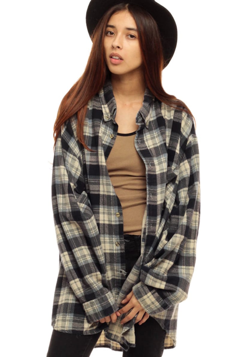 Oversized Plaid Shirt 90s Black Flannel Button Up Shirt Beige | Etsy