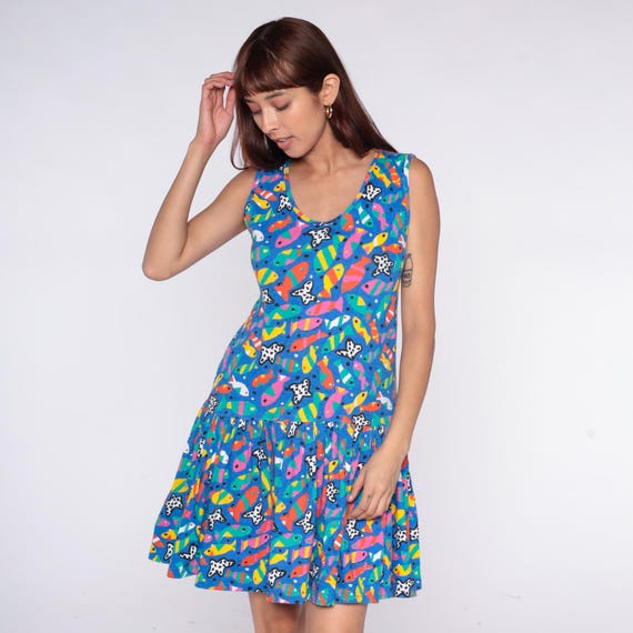 Rainbow Tropical Fish Dress 90s Blue Cotton Sleeveless Knee Length Ruffle Hem Summer Sundress Tank Style Fit Flare Pattern Colorful Medium M