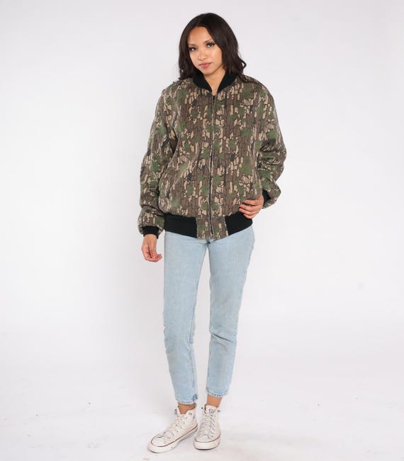90s Camo Bomber Jacket Bark Tree Leaf Print Hunti… - image 4