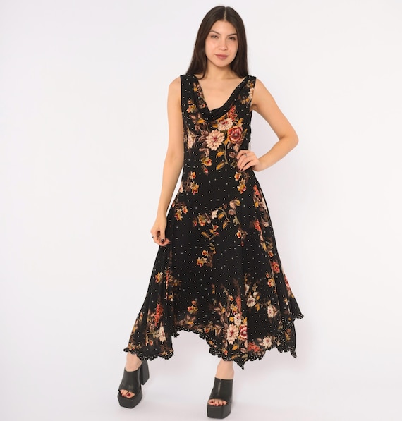90s Grunge Fairy Dress Black Floral Sleeveless Polka Dot Handkerchief Hem Drop Waist Dark Cottagecore Rose Print Bohemian Vintage Medium M