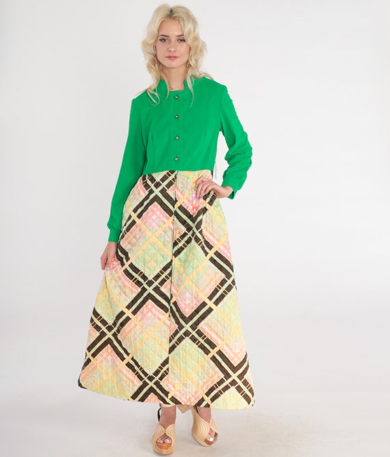 70s Maxi Dress Green Checkered Dress Quilted Skir… - image 3