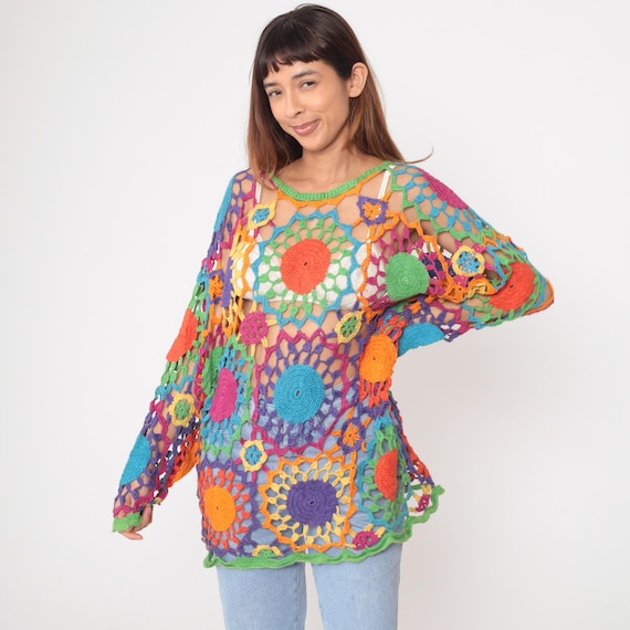 Rainbow Crochet Tunic 90s Colorful Granny Square Rainbow Hippie Long Sleeve Cotton Medallion Patchwork Multicolor Vintage Bohemian One Size