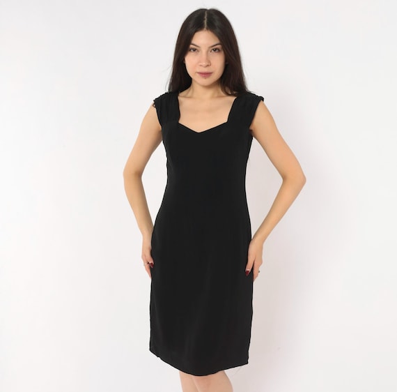 90s Sweetheart Neckline Dress Black Maggy London Gathered Cap Sleeve Fitted Waist A Line Cocktail Party Sleeveless Vintage Small S