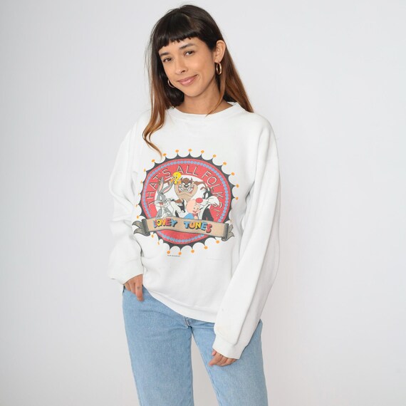 90s Looney Tunes Sweatshirt That's All Folks Bugs Bunny Sylvester The Cat Taz Cartoon Graphic Vintage White Distressed Large L