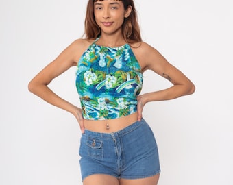 Haut dos nu hawaïen des années 60 court imprimé tropical bleu fleurs blanches cascade plage palmiers dos nu cravate dos bohème petit S